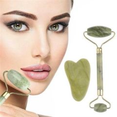 BUFFER® Çift Taraflı 2li Cilt Yüz Masaj Aleti Jade Roller Yeşim  Taşı Seti