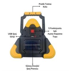 BUFFER® Işıklı İkaz Lambası Şarjlı USB Kablolu Güneş Enerjili Çok Amaçlı Reflektör
