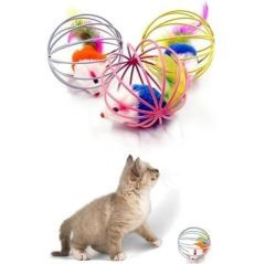 BUFFER® Renkli Metal Kafesli Peluş Fareli Kedi Köpek Oyuncağı Oyun Topu 6 cm