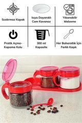 BUFFER®  Kırmızı 3lü Standlı Kapaklı Kaşıklı Cam Hava Sızdırmaz Baharatlık Takımı  KC-386