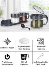 BUFFER®  Gri  3lü Standlı Kapaklı Kaşıklı Cam Hava Sızdırmaz Baharatlık Takımı KC-386